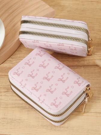 Pink Bow Love Pattern Versatile Coin Wallet,Double Zipper Card Holder Multi-Card Card Organizer For Storage Credit Cards,Lightweight Minimalist,Fashion,Modern,Business,For Anniversary,For Christmas,On Valentine Day,For Birthday Gift,For Gift,For Lover For Women,For Girls,For Lady,For Female,Bag School Supplies For School Dorm Room & Back To School