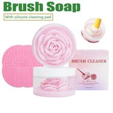 130g Flower Solid Soap 2 In 1 Brush Cleaner Soap With Silicone Pad, Cleaning Makeup Brushes & Sponge Puff