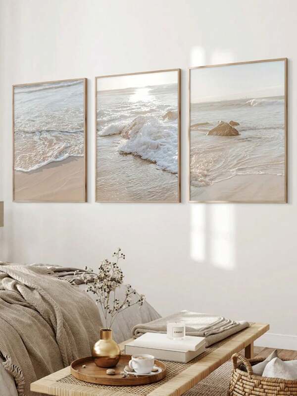3pcs Boho Neutral Beige Seaside Beach Coastal Frameless Scenery Canvas Wall Arts Prints Coastal Decor, Coastal Decor, Ocean Posters, Modern Art, Sunset Seaside Print, Natural Scenery Wall Decor, Ideal Gift For Bedroom Living Room Corridor, Wall Art, Summer Decor, Room Decoration