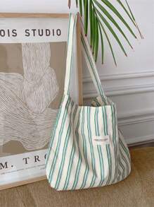 Collegiate Style Light Green Stripe Shoulder Bag For Women, Minimalist Casual Tote Bag, Lightweight Canvas Commuter Bag