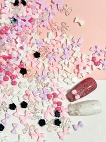 100-200 piezas Decoraciones de arte de uñas con moños rosas/blancos, tachuelas de cinta de resina iridiscente de bricolaje, camelias negras/blancas, moño mini gatito fuschia, set mezclado de encantos de uñas de verano, energía juvenil, estilo lindo, japonés, coreano, suministros de uñas