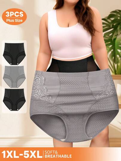 MEIYATING 3 pezzi Mutande donna taglie forti vita alta, intimo in pizzo con dettagli in rete traspirante