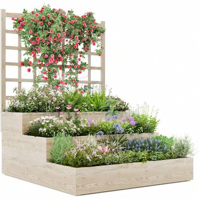 HomelyHues 3-Tier Raised Garden Bed With Trellis & Open-Ended Base, Wooden Vertical Planters For Climbing Plants Vines Flower Herb Vegetable Fruit,Outdoor Planter Boxes For Patio Yard Lawn