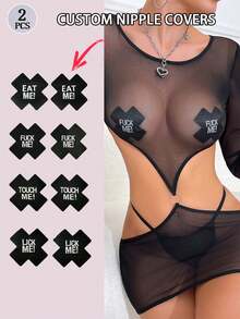 2PCS Black Cross-Shaped Self-Adhesive Satin Disposable Nipple Patches Customizable Text Customize Your Name Sexy Nipple Patches Suitable For Women's Strapless Clothes