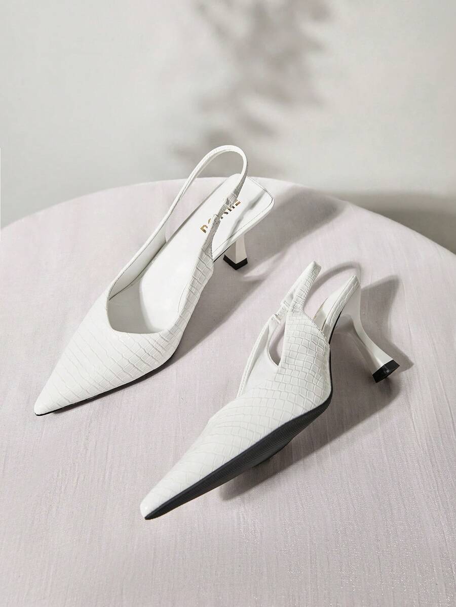 女士高跟鞋，尖头细跟，人造革材质，后跟带，镂空设计，圣诞节冬季礼物 - 白色 - 查看 1
