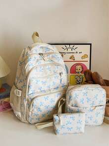 尼龙蝴蝶结印花背包套装，可折叠多口袋大容量防水拉链背包，适合高中生、大学生、女士、日常使用、通勤、旅行、情人节礼物