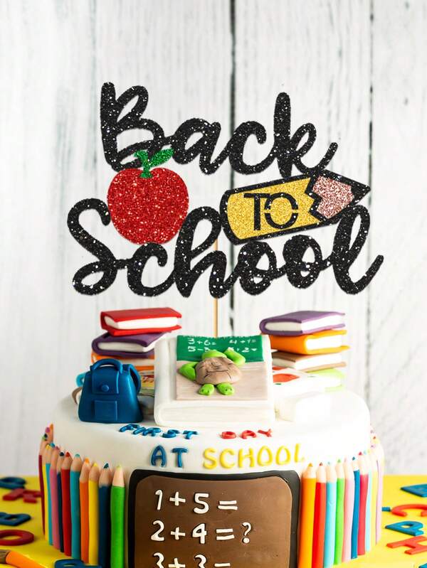 1pc "Back To School" Cake Topper - New School Year Party Decoration, Black Glitter Apple & Pencil For Australia & NZ Students
