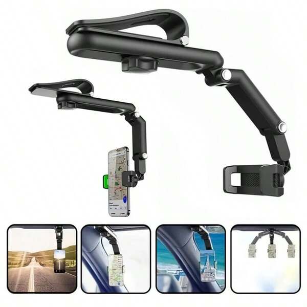 1 pièce Support de téléphone universel pour pare-soleil de voiture - Support de téléphone rotatif et extensible avec pince solide, accessoire de voiture mains libres réglable pour /GPS, stabilisateur de tableau de bord antidérapant
