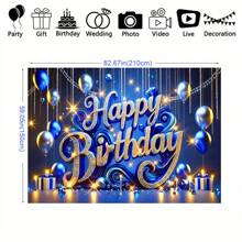 1PC, Golden Blue Glittering Birthday Happy Background Fabric - Polyester Fiber Balloon Design, Polyester Material, Suitable For Parties, Office Celebrations, Birthdays, Indoor/Outdoor Decoration, Home, Garden, Courtyard Decoration, Universal Theme