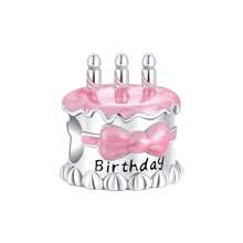 Silver Plated Charm Pink Bow Crown Candle Happy Birthday Cake Series Charm Bead Is Suitable For Diy Female Bracelet Pendants