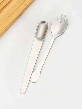2pcs Stainless Steel One-Piece Salad Fork & Spoon, Creative Cake Fork, Yogurt Spoon, Dessert Mini Spoon & Fork Gift Set,School Supplies