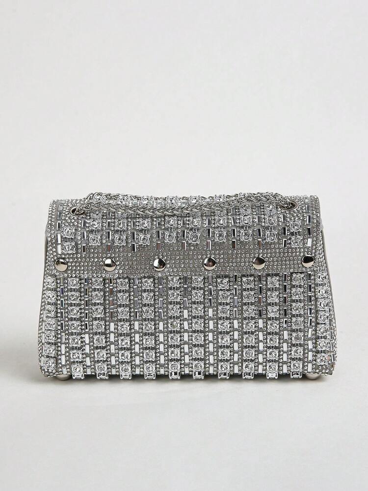 1pc Shiny Square Handbag, Elegant And Exquisite, Decorated With Delicate Crystal Chain, Can Be Used As A Shoulder Clutch For Parties, Galas, And Formal Events, A Perfect Gift For Women. Also Available Is A Shiny Snap-Closure Evening Wallet, Suitable For Carnival And Similar Occasions. - Silver - View 7