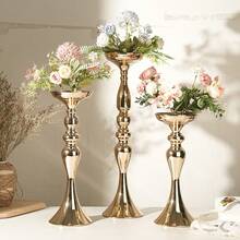 金色锥形烛台 3 件套 - 复古金属烛台黄铜烛台，适用于婚礼中心装饰、圣诞节生日派对节日餐桌装饰，高度 13、15、20 英寸 - 彩色 - 查看 1