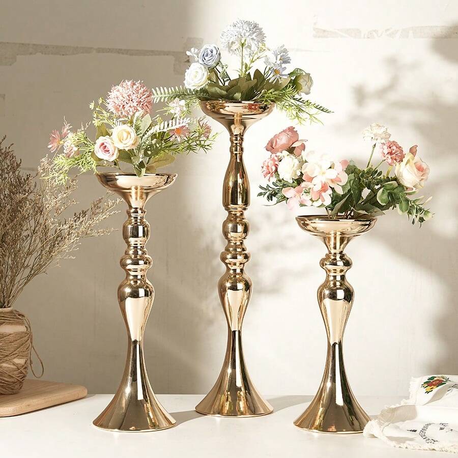 金色锥形烛台 3 件套 - 复古金属烛台黄铜烛台,适用于婚礼中心装饰、圣诞节生日派对节日餐桌装饰,高度 13、15、20 英寸 - 彩色 - 查看 1