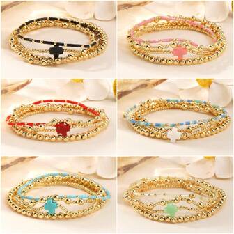 4PCS/Set Retro Elegant Bohemian Cross Bracelet, Colored Beaded Bracelet, 18K Copper Bead Bracelet Set, Stackable Bracelet, Women's Elastic Bracelet, Best Friend Bracelet, Waterproof And Sweatproof, Non Fading, Birthday Gift, Family Gift, Lucky Gift, Best Friend Gift, Women's Gift, Best Gift