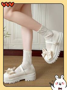 女士厚底玛丽珍鞋，法式风格，2025 年夏季，厚底增高，珍珠扣带，JK 制服鞋，甜美女孩风格方头芭蕾平底鞋，蝴蝶结和珍珠装饰，洛丽塔风格 - 米色 - 查看 5