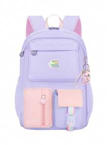 1 pieza Mochila con bloques de color adorable de dopamina (con colgante adorable), mochila grande para niñas, material de poliéster, cierre con cremallera, adecuada para la escuela, el trabajo, el viaje diario, de vuelta a la escuela como regalo
