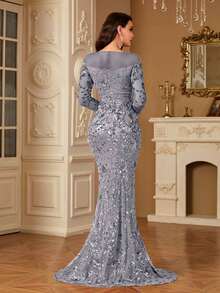hezixi Women's Round Neck Long Sleeve Mermaid Hem Sparkly Sequin Dress, Comfortable To Wear, Suitable For Different Figures, Can Be Worn As Party Dress, Wedding Guest Dress, Formal Dress, Evening Gown, Etc. - Màu xám đen - Xem 6