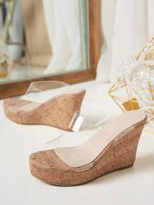 Women's Fashion Transparent Strap Soft Cork Wedge Sandals - Elegant Versatile - Summer New Arrival - Comfortable Casual - Daily Wear - Beach Holiday - Transparent Strap Design - Open Toe - Wedge Heel - Cork Bottom - Beige - High Heels - Elegant Style - Office Commute - Party Celebration - Summer - Beige - Cork Material