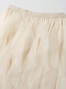 1pc Women's New Arrival Asymmetric Ruffled Layered Cake Skirt, Tulle Puffy A-Line Skirt - Beige - View 2