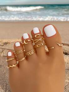 10pcs/Set Geometric Hollow Heart & Wing Cute Little Feet Multi-Element Adjustable Toe Rings For Women