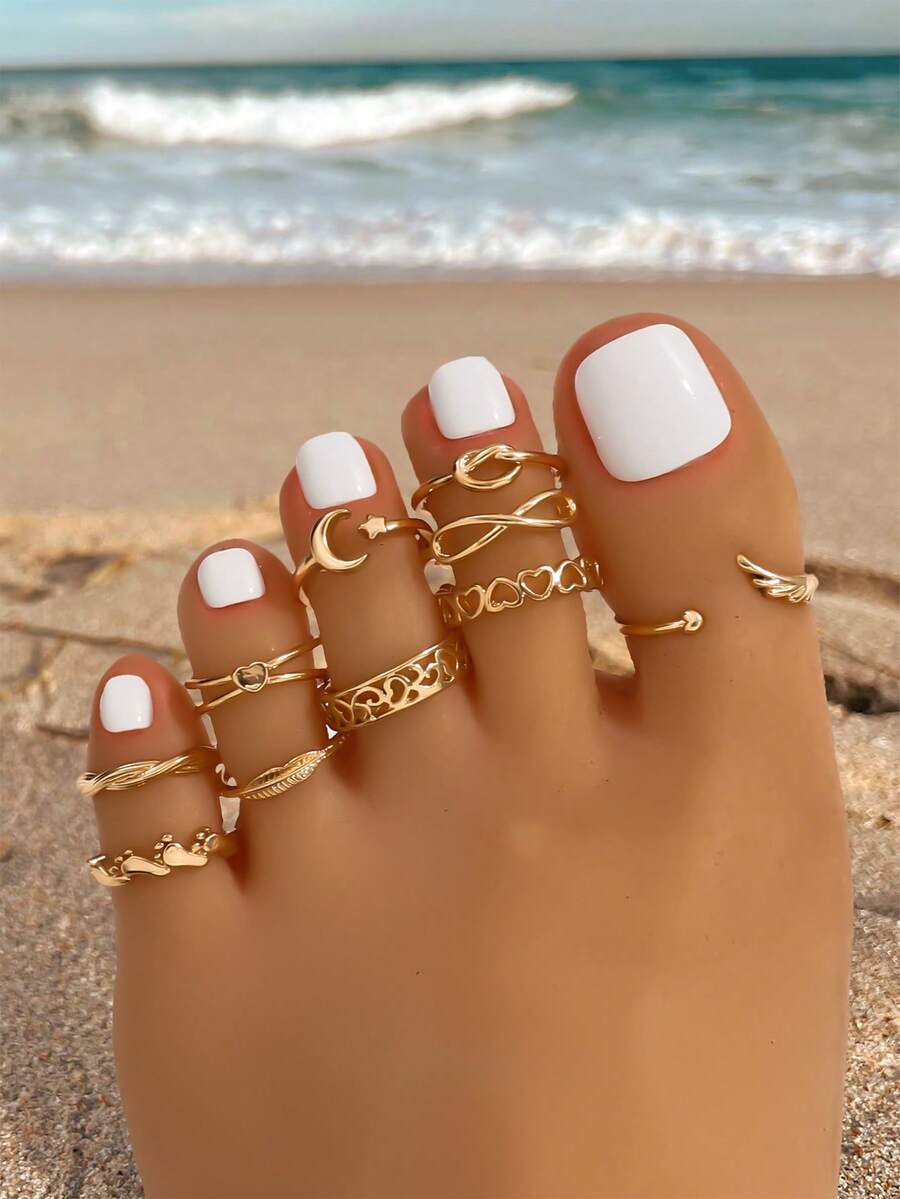 10pcs/Set Geometric Hollow Heart & Wing Cute Little Feet Multi-Element Adjustable Toe Rings For Women