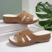 Women's Wedge Heel Slides Sandals, Fashion Stitched Casual Slip On Flat Preppy Beach Vacation Shoes For Summer