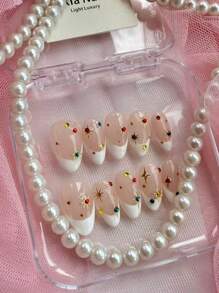 Sommers neue Hot Girl Western Stil Nagelkunst 10 mittellange mandelförmige handgefertigte (abnehmbare und klebende) tragbare Nägel, handbemalter weißer französischer Rand, goldene Sternenlicht Aufkleber und bunte Strass-Verzierungen für einen eleganten und hochwertigen Stil. Aufklebe-Nägel Nagelbedarf Nägel