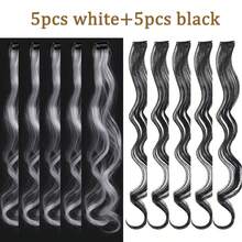 5/10 piezas Extensiones de pelo blancas con clips, 20 pulgadas de largo, rizado y ondulado, extensiones sintéticas con clips para Halloween, cosplay, fiesta de disfraces, Navidad, Año Nuevo, regalo para mujeres y niñas (blanco y negro) - Blanco - Ver 12