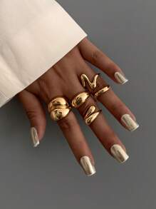 4pcs/Set Fashionable Asymmetric Water Drop Design Gold Rings, Vintage Minimalist Punk Style Unique Thick Metallic Jewelry, Suitable For Women's Everyday And Party Wear, Casual Outfit Matching, Holiday Gifts