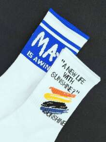 5 pares de calcetines blancos hasta el tobillo con letras y números impresos al azar, calcetines deportivos de moda unisex para el otoño