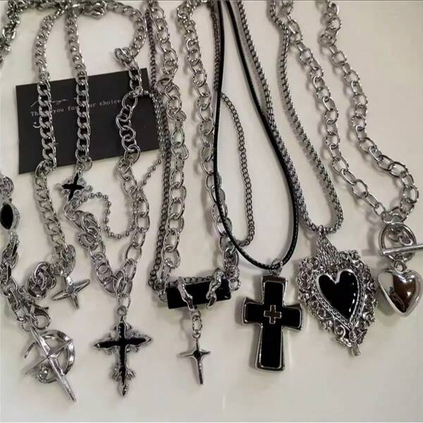 Punk Rock Black Heart Cross Pendant Chain Necklace For Men Women Cool Hip Hop Street Vintage 90s Y2K Grunge Goth Accessories