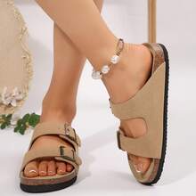 Women Sandals Slip On Comfortable Adjustable Buckle Cork Footbed Easy Wear - Nâu nhạt - Xem 3