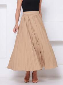 LXC Women's Pleated Skirt, Women's Vintage Midi Skirt, Elegant High Waist Long Skirt, Simple, Casual, Pleated, Office, Wedding - 米色 - 查看 1