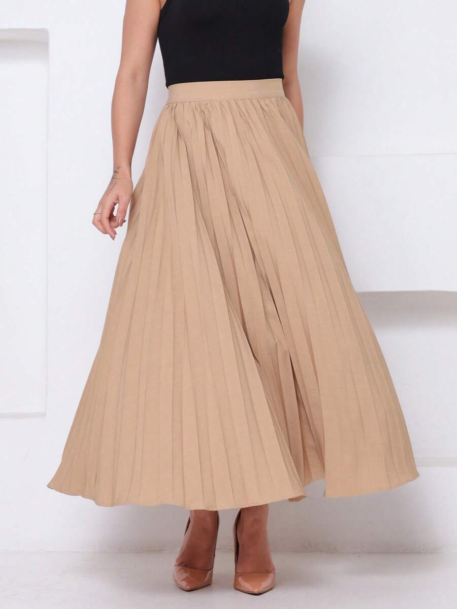LXC Women's Pleated Skirt, Women's Vintage Midi Skirt, Elegant High Waist Long Skirt, Simple, Casual, Pleated, Office, Wedding - 米色 - 查看 1