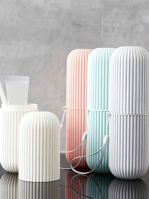 1pc/3pcs Stripe Travel Toothbrush Case, Portable Rinse Cup, Toothbrush Cup Set, Can Hold Towel, Toothbrush, Toothpaste, Dust And Dirt Proof, Suitable For Bathroom And Travel Back To School