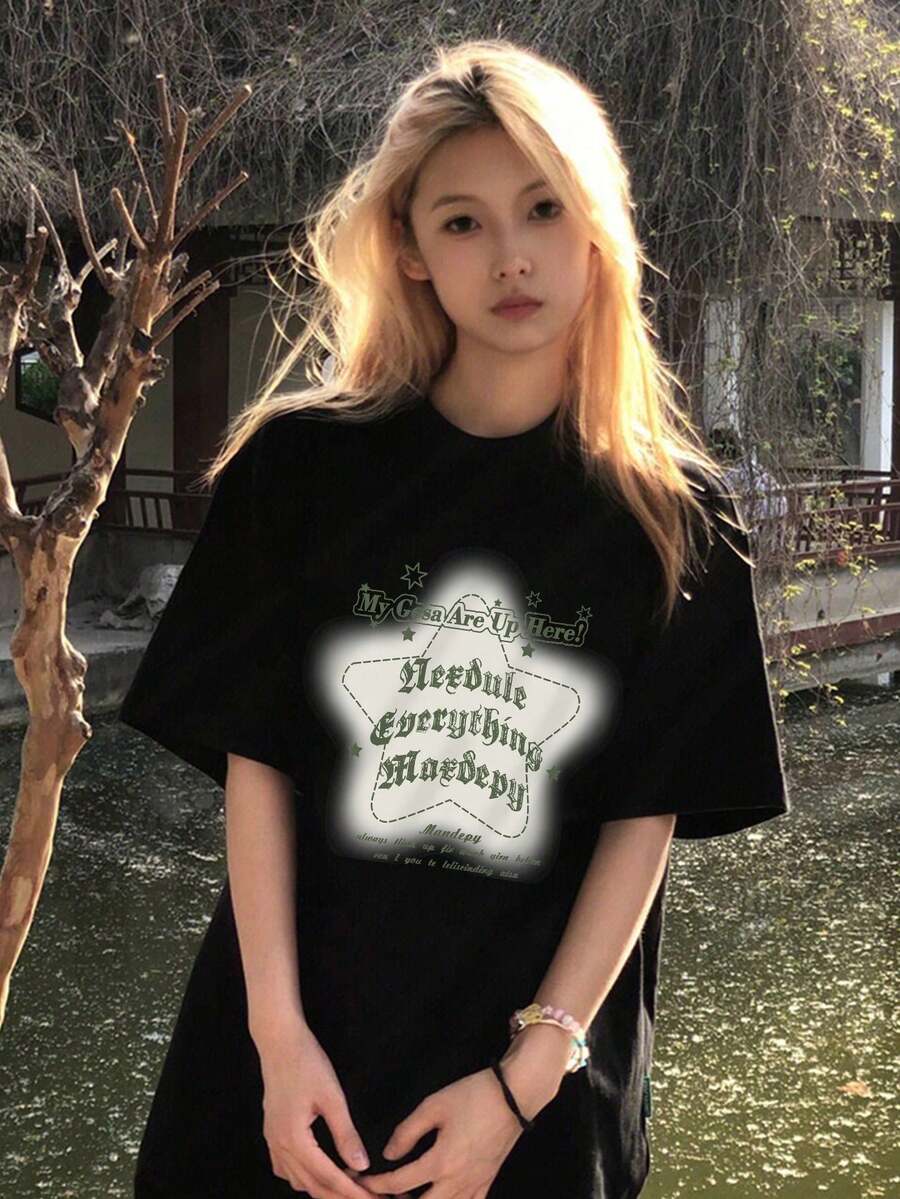 200g Pure Cotton T-Shirt 2025 Summer Ladies New Short Sleeve Pure Cotton Holiday Pattern Short Sleeve Round Neck Couple Wear Small Shirt Tops - 黑色 - 查看 1