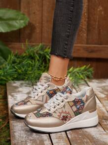 New Bohemia Outdoor Casual Breathable Wedge Platform Sneakers For Plus Size Women, Suitable For Spring & Autumn