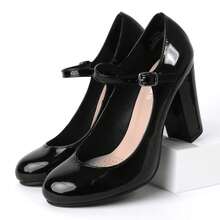 Women's White Wine Rose Gold Black Taupe Beige Grey Lipstick Natural Snake Mary Jane Pumps – Round Toe Ankle Strap Vintage Dress Heels [Size Up Half Size] - 黑色純素專利 - 查看 5