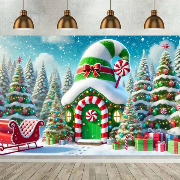 1 pièce Bannière de fond de maison en bonbon de Noël de 8 pi x 6 pi - design de canne de bonbon et de sapin de Noël, toile de fond de photographie en polyester durable pour fête intérieure/extérieure, anniversaire, événements de tailgate, sans électricité nécessaire, accessoire de studio de vacances toutes saisons, décoration saisonnière polyvalente, scène de Noël fantaisiste, qualité d'impression éclatante