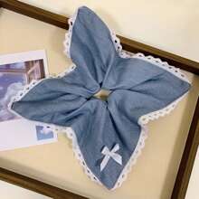 1pc Vintage Denim Blue Bowknot Hair Scrunchie, Elegant Lace Trim Hair Tie, Hair Accessories For Ponytail