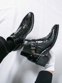 男士时尚尖头登山靴，带绑带和链条，高帮皮靴 - 黑色 - 查看 7