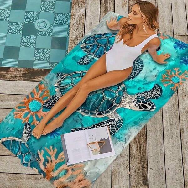 1pc Of Beach Towel Featuring Tropical Sea Turtles, Large And Refreshing, Ultra-Soft And Quick-Drying, Versatile Summer Bath Towel Suitable For Swimming And Sandy Beaches, A Fantastic Vacation Gift For Mothers. Beach Essentials