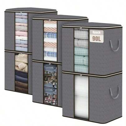 6 Pack 90L Storage Bags, Large Clothes Storage Bags With Zips Durable Handles Thick Fabric For Clothes, Bedding, Blankets, Comforters And Toys