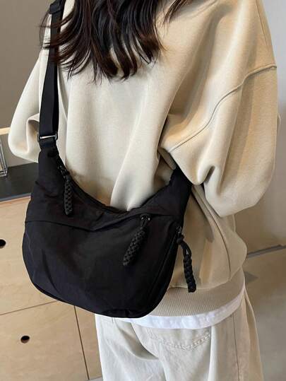 peach tree 1pc Peach Tree Fashion Minimalist Plain Crescent Moon Crossbody Bag, Large Capacity, Adjustable Strap, Multiple Pockets, Vintage, Daily, Shopping, Lightweight, Water-Washed Crinkle Nylon Bag For School College Shopping Bag Canvas Tote Bag Pouch