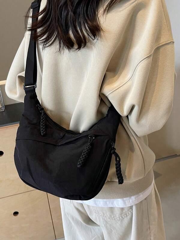 peach tree 1pc Peach Tree Fashion Minimalist Plain Crescent Moon Crossbody Bag, Large Capacity, Adjustable Strap, Multiple Pockets, Vintage, Daily, Shopping, Lightweight, Water-Washed Crinkle Nylon Bag For School College