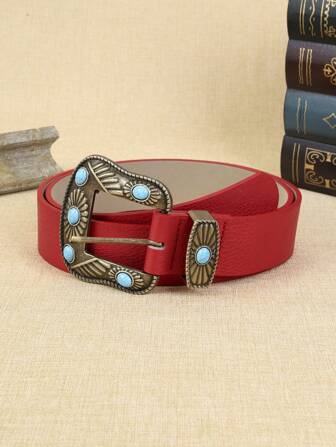 1 条女士红色 PU 皮带，带串珠扣，波西米亚风格，购物、派对必备，休闲舒适，时尚百搭，适合日常使用