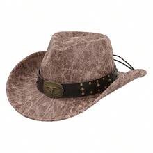 Women Men Cowgirl Hat, Vintage Bull Head Roll-Up Wide Brim Western Hat For Daily Party - 深卡其色 - 查看 6