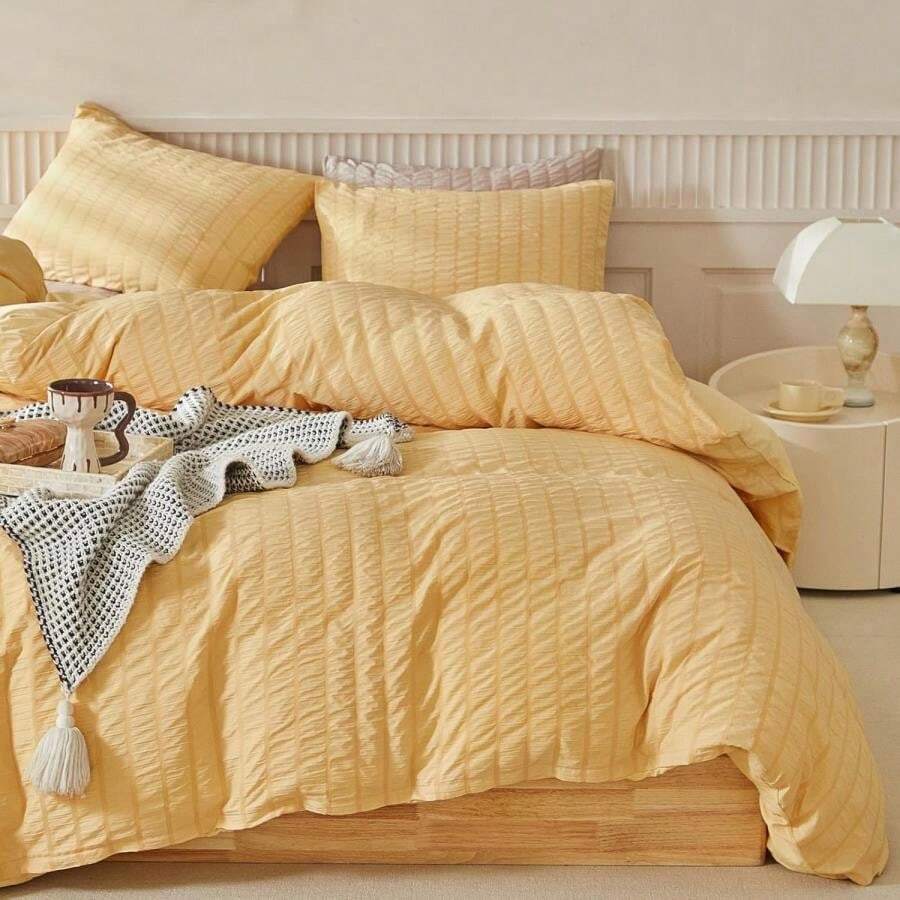 WARMDERN Duvet Cover Set King Size, 3pcs Washed Microfiber Mustard Yellow Bedding Set, Soft Breathable Striped Textured Seersucker Duvet Cover With Zipper Closure &Amp; Corner Ties(Mustard Yellow, King) - 芥末黃 - 查看 1