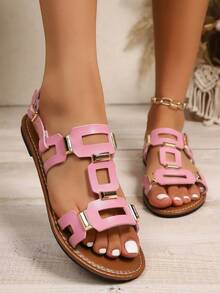 Dép đế bằng trang trí khóa vuông cho nữ, Dép đi biển mùa hè - Hồng - Xem 4